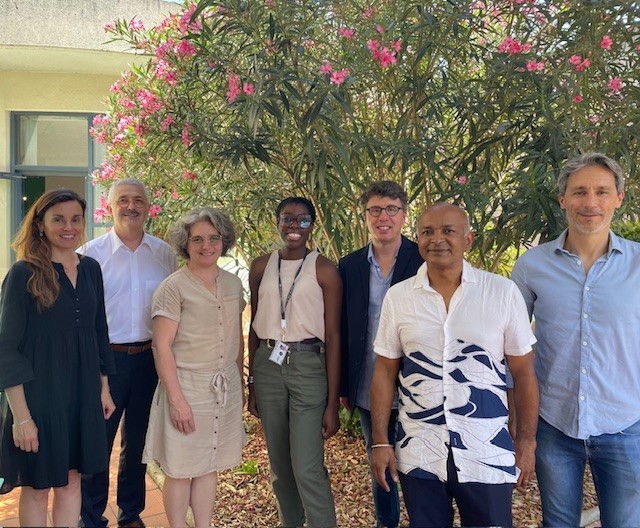 Patrick Cazeneuve, Président de la SATT TTT, Karine Seymour, CEO Avrio MedTech, Delphine Puertolas, Directrice du pôle LifeTech TTT, Anaïs Omokopiako, juriste TTT, Emmanuel Barbeau, chercheur au CNRS, Gaston Nicolessi, responsable création d’entreprises TTT, Christophe Hurter, Chercheur-ENAC.