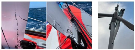 exemples de dégradations structurelles subies par un foil de bateau et une turbine éolienne